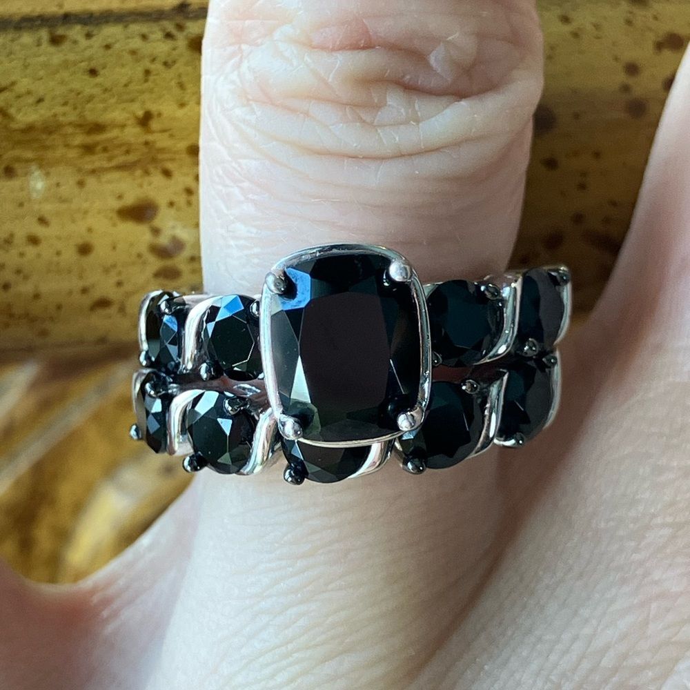 Natural Black Spinel Sterling Silver Ring Set Size 6
